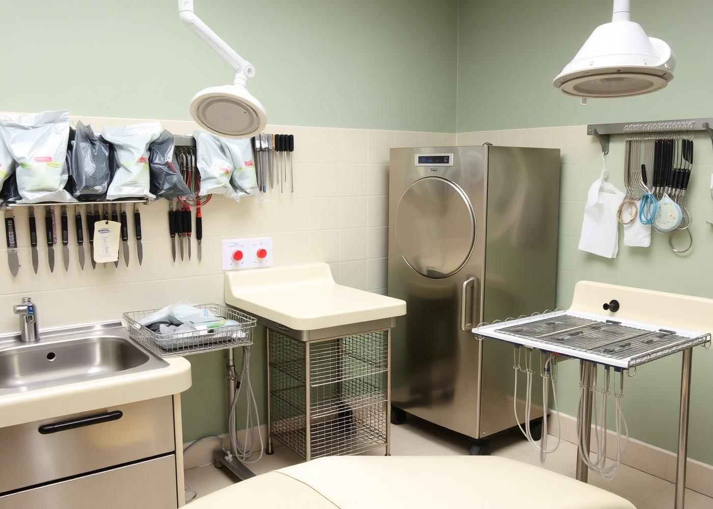 Central de esterilização com autoclave e instrumentos embalados